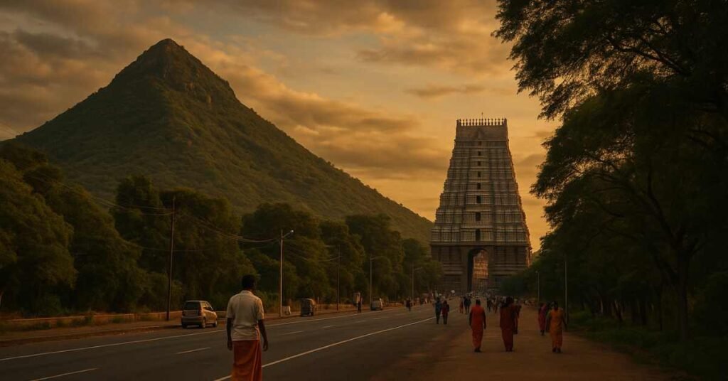 Cinematic 16:9 image of Tiruvannamalai Girivalam route with Arunachala Hill and temple gopuram at sunset