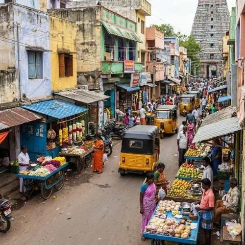 A busy street scene in Tiruvannamalai featuring flower vendors, auto-rickshaws, and locals shopping near the temple zone.