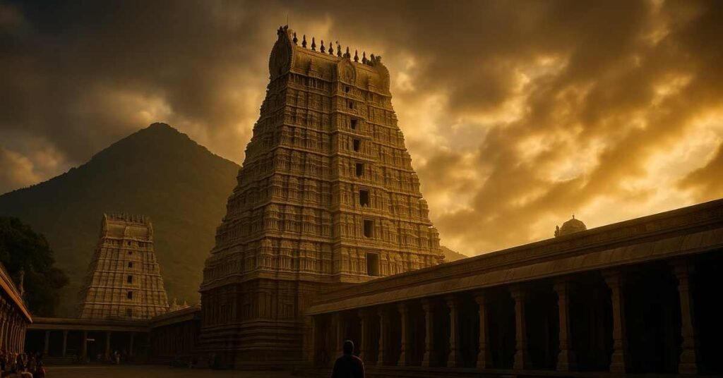 Cinematic 16:9 image of Tiruvannamalai Arunachaleswarar Temple with Arunachala Hill at sunset