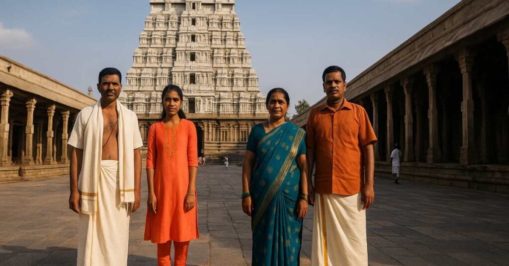 Devotees wearing traditional dress inside Tiruvannamalai Arunachaleswarar Temple courtyard