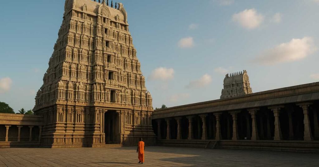 16:9 cinematic image of Tiruvannamalai Arunachaleswarar Temple gopuram with clear sky and devotee in courtyard