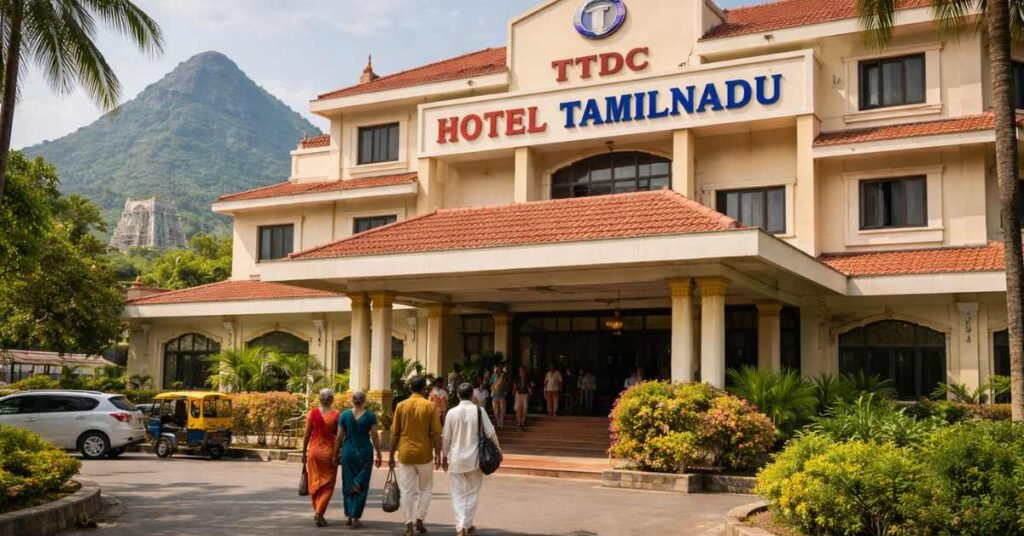 TTDC Hotel Tamil Nadu in Tiruvannamalai with pilgrims walking towards the entrance and Arunachala Hill in the background