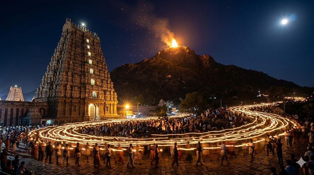 Thiruvannamalai Agni Lingam story — Karthigai Deepam sacred fire blazing from Arunachala Hill summit at night with temple gopurams below
