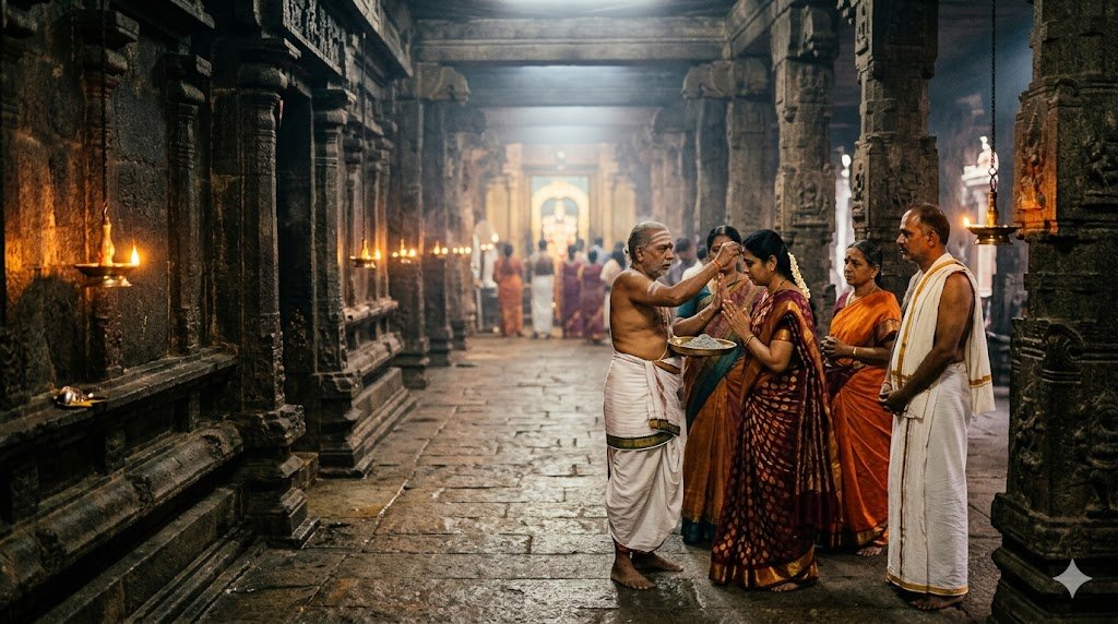 Tiruvannamalai prasadam booking — priest distributing vibhuti at Arunachaleswarar Temple sanctum