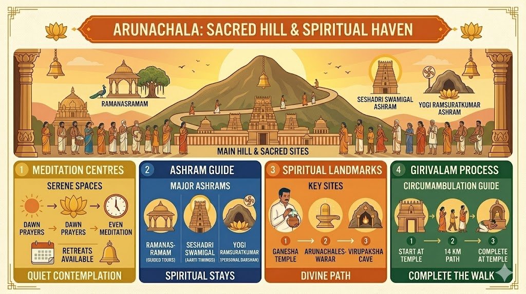 Tiruvannamalai ashram list meditation centres near Arunachala hill infographic