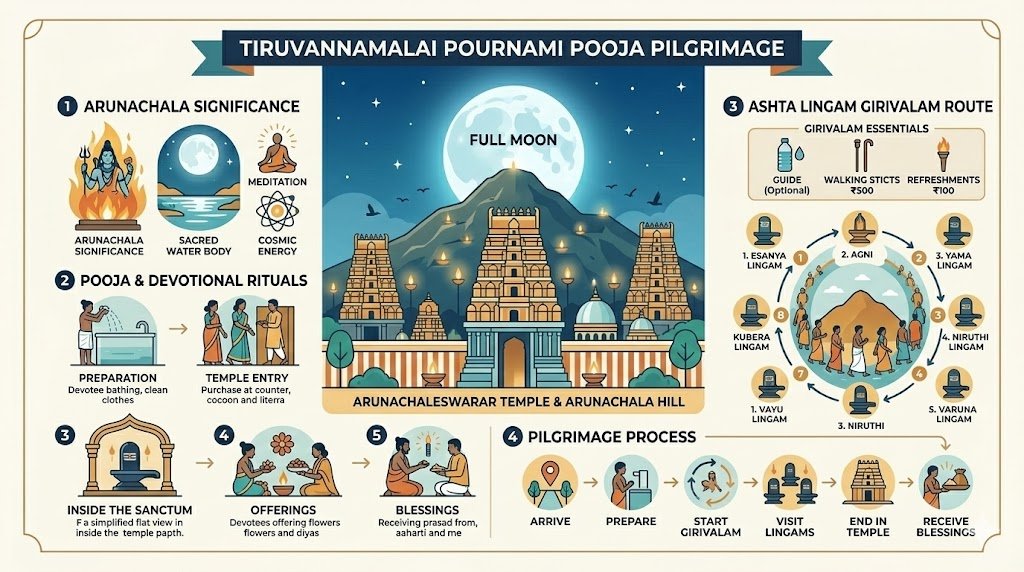 Tiruvannamalai Pournami Pooja Girivalam route and temple guide infographic
