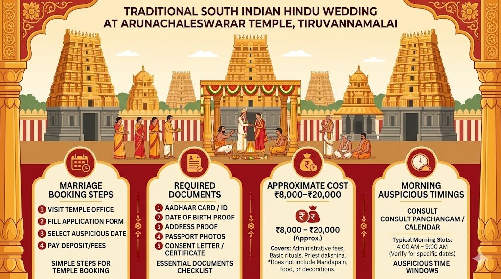 Tiruvannamalai temple marriage booking steps cost and requirements infographic
