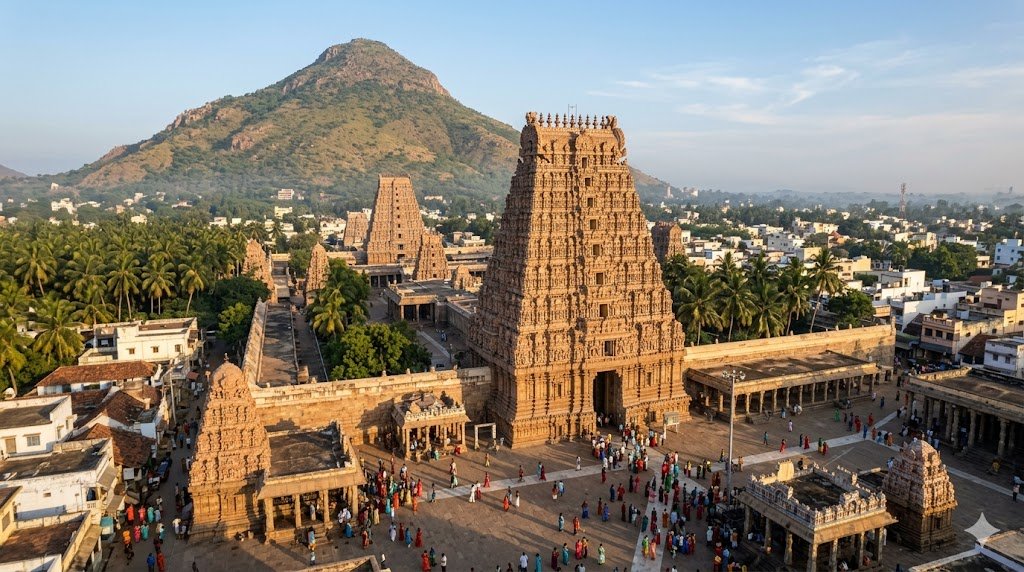 Tiruvannamalai temple airport flights destination - Arunachaleswarar temple with Arunachala hill view