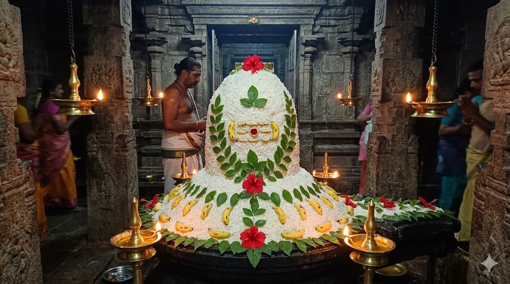 Annabhishekam Arunachaleswarar Temple ritual showing Shiva Lingam covered in cooked rice with flowers and oil lamps