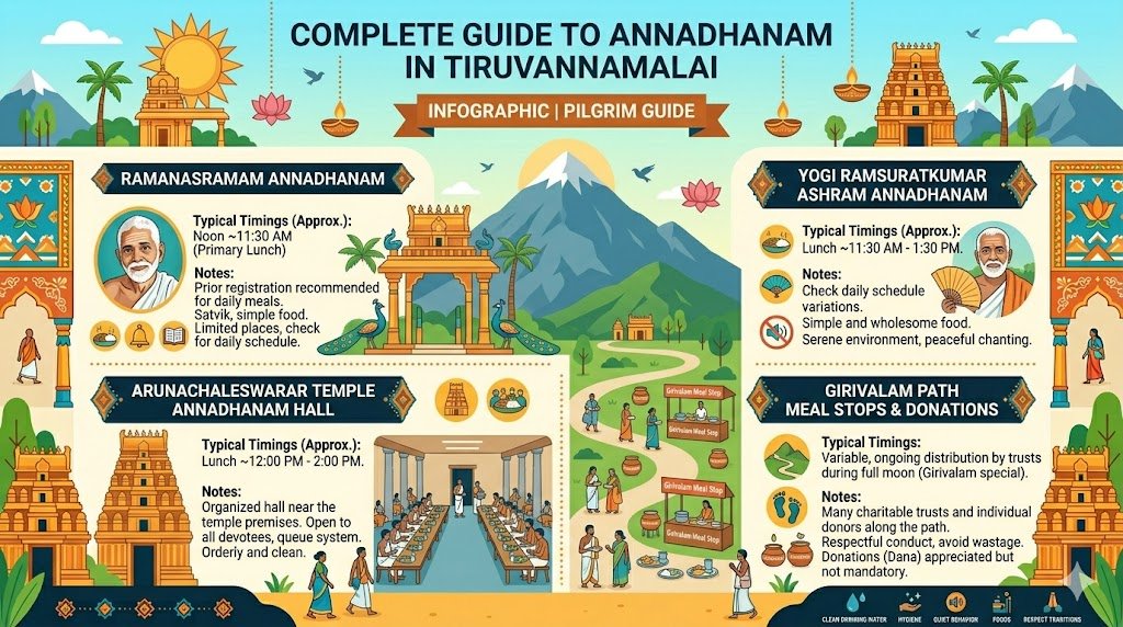 Annadhanam at Tiruvannamalai being served pankti-style to devotees on banana leaves at temple dining hall
