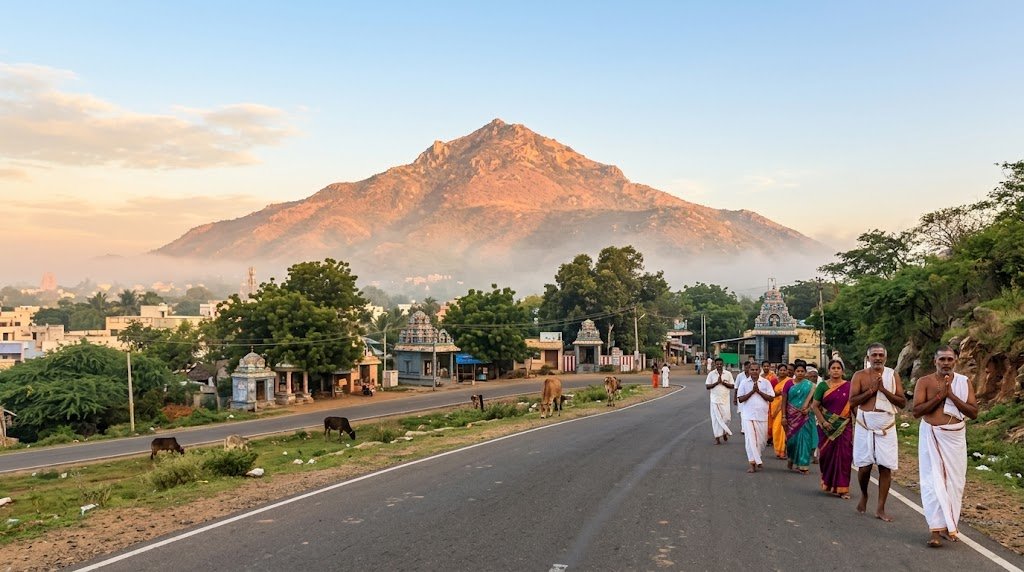 Barefoot Girivalam devotees walking clockwise around Arunachala Hill Tiruvannamalai at sunrise
