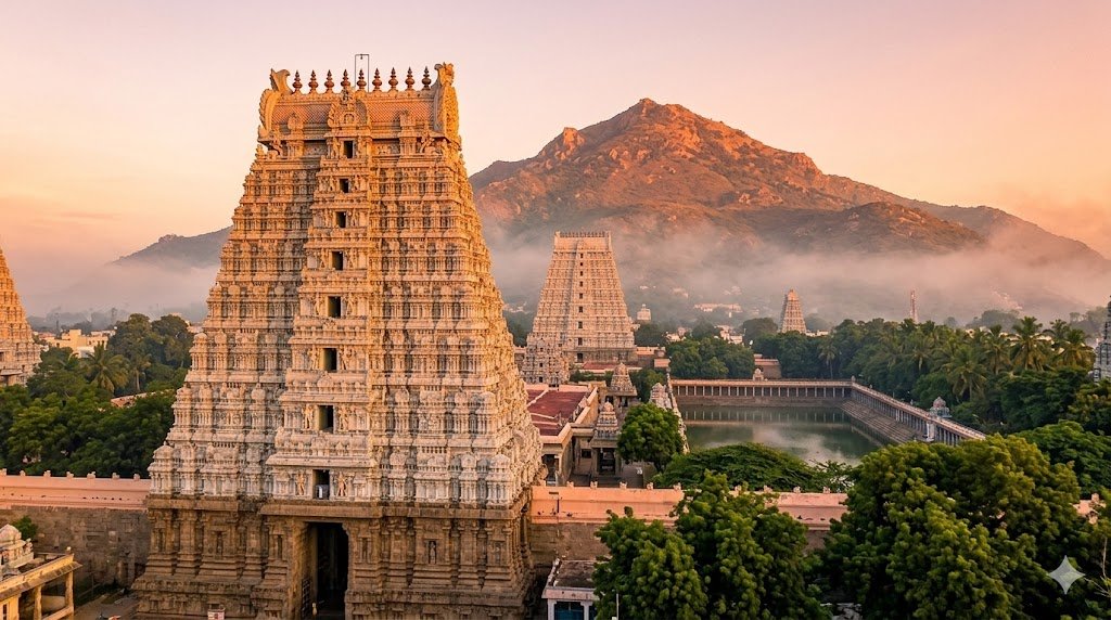 Best time to visit Tiruvannamalai temple showing Arunachaleswarar gopuram with Arunachala Hill at sunrise