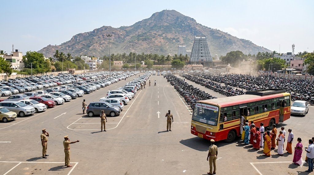 Tiruvannamalai parking guide — designated festival parking lot with shuttle buses and Arunachala Hill in the background