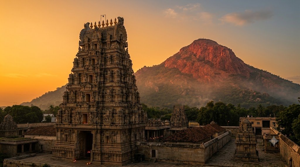 Ardhanarishvara story Tiruvannamalai – Arunachala hill and temple gopuram at dusk