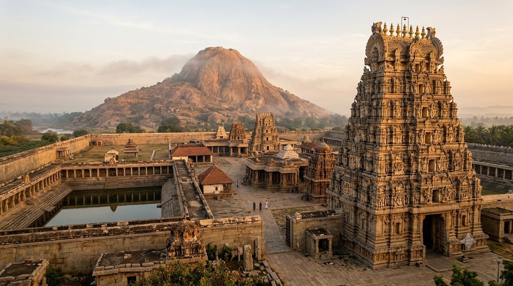 Thiruvannamalai pilgrim guide: Arunachaleswarar Temple gopuram below Arunachala Hill at dawn