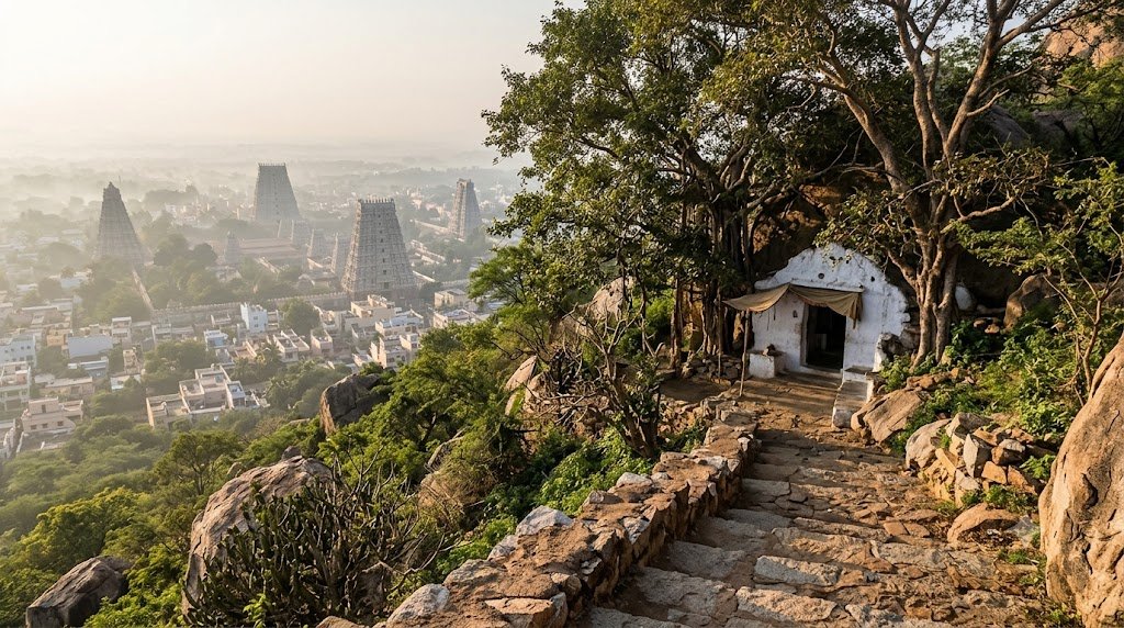 Skandashram cave and stone trek path on Arunachala Hill