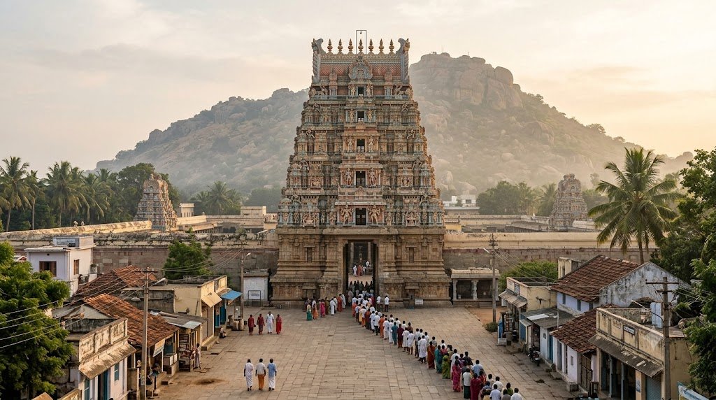 Arunachaleswarar Temple free darshan queue at the tall gopuram entrance in Tiruvannamalai