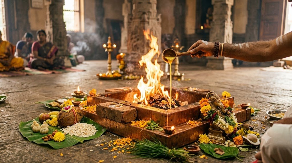 Ganapathi Homam fire ritual with ghee offerings and a brass Ganesha idol at a South Indian ceremony