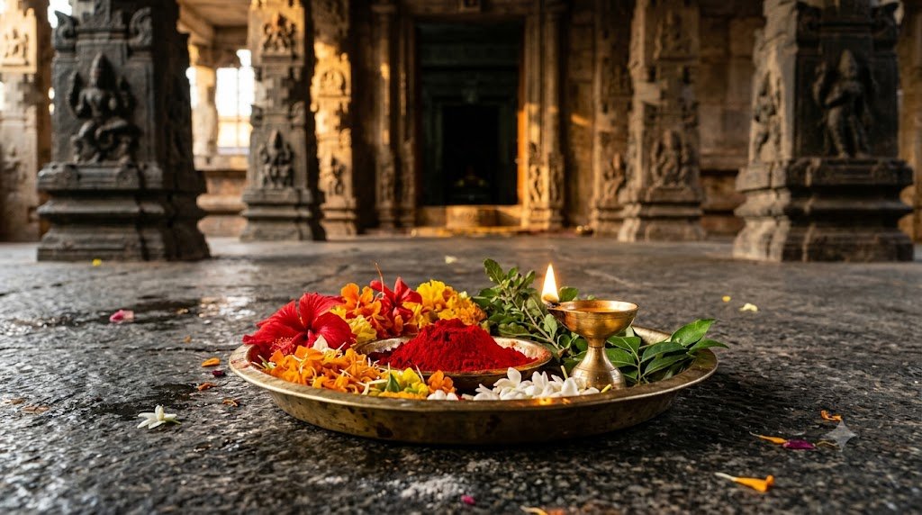 Lalitha Sahasranama Archana offering of kumkum and red flowers at the Unnamulai Amman shrine, Tiruvannamalai