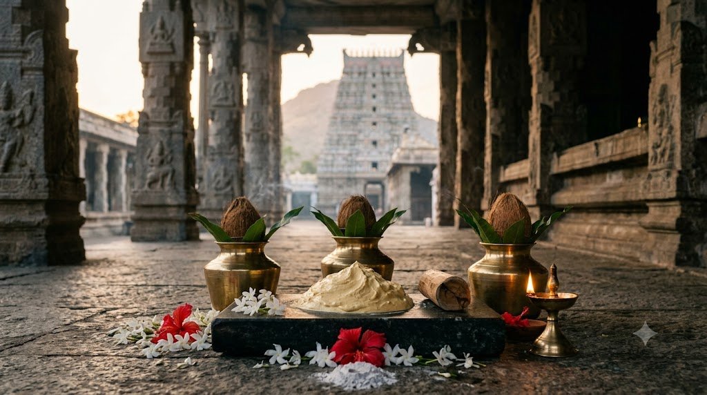 Sandal Abhishekam Tiruvannamalai: sandalwood paste and brass ritual vessels prepared at Arunachaleswarar Temple