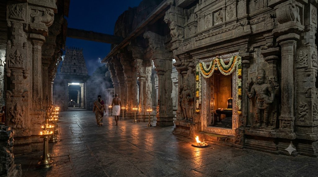 Tiruvannamalai Palliyarai Pooja night ritual at lamp-lit Arunachaleswarar Temple sanctum